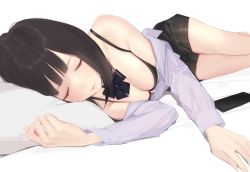 Rule 34 | 1girl, ama mitsuki, bare shoulders, bed sheet, black bow, black bowtie, black bra, black hair, black skirt, blunt bangs, bow, bowtie, bra, breasts, cellphone, cleavage, closed eyes, closed mouth, grey shirt, highres, large breasts, long sleeves, lying, miniskirt, off shoulder, on bed, on side, open clothes, open shirt, original, phone, pillow, plaid, plaid skirt, school uniform, shirt, short hair, simple background, skirt, sleeping, smartphone, solo, underwear, white background
