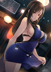 Rule 34 | 1girl, black hair, blue dress, blue nails, breasts, brown eyes, butcha-u, cleavage, crescent, crescent earrings, dress, earrings, final fantasy, final fantasy vii, final fantasy vii remake, highres, jewelry, large breasts, long hair, looking at viewer, low-tied long hair, md5 mismatch, nail polish, night, red eyes, resolution mismatch, short dress, sideboob, sleeveless, sleeveless dress, solo, source larger, square enix, tifa lockhart, tifa lockhart (refined dress), wall market