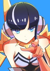 Rule 34 | 1girl, absurdres, asymmetrical hair, bare shoulders, black hair, blue background, breasts, cleavage, closed mouth, commentary request, creatures (company), elesa (pokemon), elesa (sygna suit) (pokemon), face, fujiwara echi, game freak, gym leader, highres, long hair, looking at viewer, medium breasts, nintendo, official alternate costume, pointing, pointing at viewer, pokemon, pokemon masters ex, simple background, solo