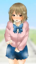 Rule 34 | 1girl, between legs, blue bow, blue bowtie, blue skirt, blue sky, blurry, blurry background, blush, bow, bowtie, breasts, brown eyes, brown hair, cardigan, chikano, cowboy shot, day, embarrassed, female focus, flower, grass, hair flower, hair ornament, hand between legs, hand up, have to pee, idolmaster, idolmaster cinderella girls, legs together, long sleeves, medium breasts, mimura kanako, miniskirt, nose blush, open mouth, outdoors, peeing, peeing self, pink cardigan, plaid, plaid skirt, pleated skirt, school uniform, shirt, short hair, skirt, sky, solo, standing, steam, textless version, wet, wet clothes, white flower, white shirt