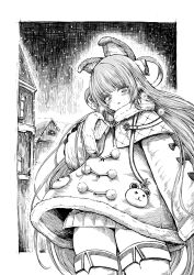Rule 34 | 1girl, absurdres, azur lane, border, building, capelet, coat, cowboy shot, fur-trimmed capelet, fur trim, greyscale, haruyukiko, hatching (texture), highres, long hair, looking at viewer, monochrome, outdoors, outside border, pom pom (clothes), solo, standing, tashkent (azur lane), white border