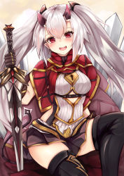 Rule 34 | 1girl, :d, black skirt, black thighhighs, blush, breasts, cape, clothing cutout, commentary request, fangs, feet out of frame, hair ornament, head tilt, highres, holding, holding sword, holding weapon, horns, lock, long hair, looking at viewer, medium breasts, miniskirt, open mouth, original, padlock, pleated skirt, red cape, red eyes, ribbed shirt, ryara, shirt, side cutout, sidelocks, sitting, skirt, smile, solo, sword, thighhighs, twintails, weapon, white hair, white shirt, zettai ryouiki