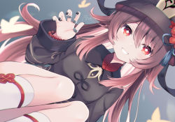 Rule 34 | 1girl, bead bracelet, beads, black hat, black jacket, black nails, blush, bracelet, brown hair, commentary request, dutch angle, flower, flower-shaped pupils, genshin impact, grin, hair between eyes, hand up, hat, hat flower, hu tao (genshin impact), jacket, jewelry, kanora, knees up, long hair, looking at viewer, nail polish, red eyes, red flower, red shirt, ring, shirt, signature, smile, solo, symbol-shaped pupils, very long hair