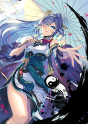 Rule 34 | 1girl, blue eyes, blue hair, china dress, chinese clothes, dress, from below, fu hua, fu hua (azure empyrea), hair over eyes, highres, honkai (series), honkai impact 3rd, long hair, looking down, one eye covered, outstretched arm, over shoulder, ponytail, poshii (posy), reaching, reaching towards viewer, solo, umbrella, yin yang