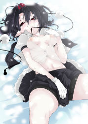 Rule 34 | 1girl, absurdres, black hair, blush, breasts, breasts apart, buttons, collarbone, colorized, covered erect nipples, covering privates, covering crotch, dress shirt, frilled skirt, frills, hair between eyes, hat, highres, hyasumasa, karochii, looking at viewer, lying, messy hair, midriff, mouth hold, navel, no bra, on back, open clothes, open shirt, pointy ears, pom pom (clothes), red eyes, shameimaru aya, shirt, short hair, skirt, smile, solo, spread legs, sweat, thighs, tokin hat, touhou, unbuttoned