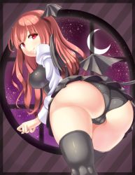 Rule 34 | 1girl, ass, bent over, black panties, black thighhighs, blouse, breasts, cameltoe, covered erect nipples, crescent moon, demon tail, dress, from behind, head wings, huge ass, impossible clothes, kazo (kazozakazo), koakuma, large breasts, leaning, leaning forward, long hair, looking at viewer, looking back, lying, moon, panties, pantyshot, pinafore dress, red eyes, red hair, shiny clothes, shiny skin, shirt, sideboob, skirt, sleeveless dress, smile, solo, tail, thighhighs, thighs, touhou, underwear, upskirt, white shirt, wings