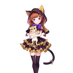 Rule 34 | 1girl, :3, :d, animal, animal ears, animal hood, animal print, beads, black dress, black eyes, black thighhighs, blunt bangs, bow, bowtie, braid, brown hair, cape, capelet, carrying, cat, cat ears, cat hood, cat tail, cloak, closed mouth, cowboy shot, dress, eyebrows, fake animal ears, fake tail, front braid, hair over shoulder, hair tie, head tilt, holding, holding animal, hood, layered dress, legs together, leopard, leopard print, light smile, long hair, looking at viewer, low-tied long hair, manekohime wenzudei, official art, open mouth, parted bangs, pink eyes, pleated dress, purple bow, purple bowtie, purple eyes, ribbon, ribbon trim, short dress, skirt, smile, solo, standing, tail, tail bracelet, tail ornament, thigh gap, thighhighs, transparent background, twin braids, uchi no hime-sama ga ichiban kawaii, wednesday (uchi no hime-sama), yellow ribbon, zettai ryouiki