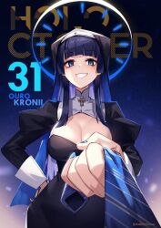 Rule 34 | 1girl, absurdres, adarin, black dress, blue eyes, blue hair, blue nails, blunt bangs, breasts, character name, cleavage, colored inner hair, cross, dress, english text, fangs, habit, halo, hand on own hip, highres, holding, holding necktie, hololive, hololive english, juliet sleeves, large breasts, long hair, long sleeves, looking at viewer, mechanical halo, multicolored hair, nail polish, nun, ouro kronii, puffy sleeves, sidelocks, smile, smug, teeth, turtleneck, twitter username, two-tone hair, virtual youtuber