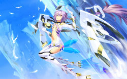 Rule 34 | 1girl, 2011, :o, ar tonelico, ar tonelico iii, arm up, bare shoulders, bird, blush, bodysuit, braid, center opening, cloud, dated, english text, feathers, flat chest, hair between eyes, hair ornament, highres, mecha musume, midriff, navel, ntny, open mouth, profile, purple eyes, purple hair, short hair, side braid, sky, solo, tattoo, thank you, tilia (ar tonelico), transparent, turtleneck, twin braids