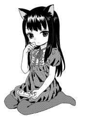 Rule 34 | 10s, 1girl, ama-tou, animal ears, blush, cat ears, controller, eyelashes, fingernails, frills, game controller, greyscale, hand on own face, high score girl, kemonomimi mode, long hair, looking to the side, monochrome, neck ribbon, no shoes, oono akira, pantyhose, playing games, puffy short sleeves, puffy sleeves, ribbon, seiza, short sleeves, simple background, sitting, solo, tsurime, white background