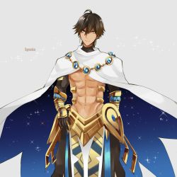 Rule 34 | 1boy, abs, ahoge, bare pectorals, black gloves, brown hair, cape, character name, dark skin, dark-skinned male, egyptian, egyptian clothes, fate/grand order, fate/prototype, fate/prototype: fragments of blue and silver, fate (series), gauntlets, gloves, grey background, hair between eyes, head tilt, highres, jewelry, light smile, male focus, muscular, necklace, ozymandias (fate), pectorals, topless male, shrug (clothing), simple background, smile, solo, torime9999, white cape, yellow eyes