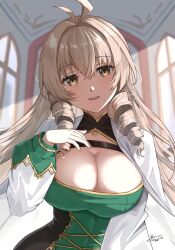 Rule 34 | 1girl, andrea doria (azur lane), antenna hair, as4gi, azur lane, breasts, brown eyes, cleavage, cleavage cutout, clothing cutout, dated, dress, drill hair, green dress, hair between eyes, hand on own chest, highres, indoors, large breasts, light brown hair, long hair, long sleeves, looking at viewer, open mouth, signature, smile, solo, sunlight, taut clothes, taut dress, twin drills, upper body, window