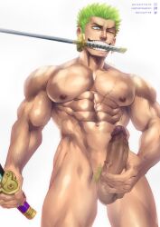 Rule 34 | 1boy, abs, artist name, bara, biceps, completely nude, ear piercing, earrings, erection, feet out of frame, green eyes, green hair, hand on own penis, highres, holding, holding sword, holding weapon, jewelry, katana, large penis, logo, male focus, manly, mature male, muscular, muscular male, navel, nipples, nude, one piece, penis, piercing, roronoa zoro, scar, scar on chest, scar on face, signature, simple background, smirk, solo, soynutts, spiked hair, sword, teeth, testicles, thick arms, thick thighs, thighs, twitter username, veins, veiny penis, weapon, white background