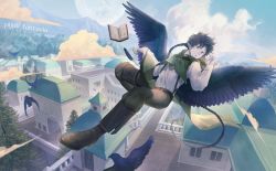 Rule 34 | 1boy, bird, black wings, blue sky, book, braid, braided ponytail, brown footwear, brown pants, building, capelet, city, cloud, copyright name, day, fantasy, green capelet, highres, long hair, looking at viewer, low ponytail, male focus, melaelathayer tetellie, moon, mountain, outdoors, pants, pixiv fantasia, pixiv fantasia last saga, pointy ears, quill, rackety, red eyes, single braid, sky, solo, suspenders, tree, very long hair, wings