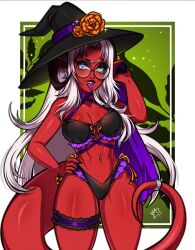 Rule 34 | bra, colored skin, garter belt, glasses, hat, indie virtual youtuber, melissa belladonna, panties, red skin, tail, tongue, tongue out, towel, underwear, white hair, witch hat