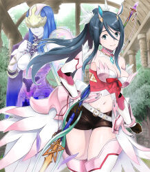 Rule 34 | 2girls, armor, bare shoulders, belt, black shorts, blue eyes, blue hair, boots, breasts, caeda (fire emblem), cleavage, closed mouth, commentary request, covered eyes, cowboy shot, dress, elbow gloves, fire emblem, gloves, hair between eyes, hair ornament, hanabusa (xztr3448), highres, holding, holding staff, long hair, looking at viewer, medium breasts, midriff, multiple girls, navel, nintendo, oribe tsubasa, ponytail, short shorts, shorts, showgirl skirt, sidelocks, smile, staff, standing, thigh boots, tokyo mirage sessions fe, weapon, white belt