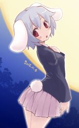 Rule 34 | 1girl, animal ears, ass, black jacket, blazer, blush, breasts, commentary request, cowboy shot, dated, floppy ears, from behind, full moon, grey hair, hand on own chest, highres, jacket, kei jiei, looking at viewer, looking back, miniskirt, moon, necktie, one-hour drawing challenge, open mouth, pink skirt, pleated skirt, rabbit ears, rabbit girl, rabbit tail, red eyes, red necktie, reisen (touhou bougetsushou), shirt, short hair, skirt, small breasts, solo, tail, touhou, tree, white shirt