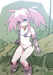 Rule 34 | 1girl, bikini, blue eyes, boots, branch, breasts, closed mouth, forest, gloves, grey gloves, jewelry, looking at viewer, micro bikini, nature, pink hair, presea combatir, sad, small breasts, solo, stroma, swimsuit, tales of (series), tales of symphonia, twintails