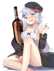 Rule 34 | 1girl, beret, blush, bottle, breasts, cleavage, coat, collarbone, drooling, drunk, facial mark, girls&#039; frontline, green eyes, hair ornament, twirling hair, hakuya (white night), hand up, hat, highres, hk416 (girls&#039; frontline), holding, holding bottle, knee up, large breasts, long hair, looking at viewer, loungewear, nose blush, open clothes, open coat, open mouth, panties, sideboob, silver hair, simple background, sitting, smile, solo, strap slip, tank top, teardrop, thighs, underwear, white background, white panties