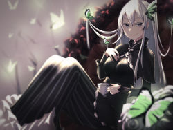 Rule 34 | 1girl, bad id, bad pixiv id, black capelet, black dress, black flower, blush, breasts, bug, butterfly, butterfly hair ornament, capelet, closed mouth, colored eyelashes, commentary, cup, dress, echidna (re:zero), flower, from side, glowing, green butterfly, hair between eyes, hair ornament, hair up, hand on own chest, hand up, highres, insect, large breasts, long hair, long sleeves, looking at viewer, onigirisss, purple eyes, re:zero kara hajimeru isekai seikatsu, silver hair, sitting, smile, solo, striped clothes, striped dress, symbol-only commentary, teacup, very long hair