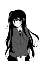 Rule 34 | 1girl, akino sora, blush, breasts, breasts squeezed together, closed mouth, collared shirt, copyright request, greyscale, highres, jacket, long sleeves, looking at viewer, monochrome, necktie, one side up, school uniform, shirt, simple background, skirt, smile, solo, standing, unmoving pattern, v arms, white background, wing collar
