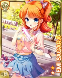 Rule 34 | 1girl, :o, blouse, blue eyes, blue skirt, bow, breasts, character name, day, girlfriend (kari), glowstick, hair bow, jewelry, looking at viewer, medium hair, multicolored bow, necklace, official art, open mouth, orange hair, orange shirt, outdoors, park, pink shirt, pink bow, plaid, plaid bow, qp:flapper, sagara emi, shirt, skirt, solo, tagme, tied shirt, tree, two side up, white legwear
