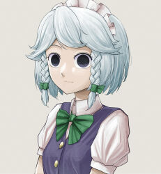 Rule 34 | 1girl, blue eyes, blue vest, bow, bowtie, closed mouth, collared shirt, empty eyes, green bow, green bowtie, grey background, grey hair, highres, izayoi sakuya, maid, maid headdress, peroponesosu., puffy short sleeves, puffy sleeves, shirt, short hair, short sleeves, simple background, solo, touhou, twintails, upper body, vest, white shirt