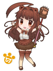 Rule 34 | 10s, 1girl, :d, alternate costume, animal ears, bear ears, bow, bowtie, brown bear (kemono friends), brown bear (kemono friends) (cosplay), brown eyes, brown hair, chibi, commentary request, cosplay, fang, holding, kantai collection, kemono friends, kemonomimi mode, ko yu, kuma (kancolle), long hair, looking at viewer, mary janes, open mouth, paw stick, shoes, simple background, smile, solo, staff, thighhighs, trait connection, white background, zettai ryouiki