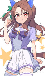 Rule 34 | 1girl, absurdres, animal ears, back bow, bow, breasts, brown hair, commentary request, ear bow, ear covers, green bow, hair between eyes, highres, horse ears, horse girl, horse tail, king halo (umamusume), long hair, medium breasts, petticoat, pleated skirt, puffy short sleeves, puffy sleeves, purple bow, red eyes, school uniform, sevlhd hero, short hair, short sleeves, simple background, skirt, smile, solo, summer uniform, tail, thighhighs, tracen school uniform, umamusume, v-shaped eyebrows, white background, white skirt, white thighhighs