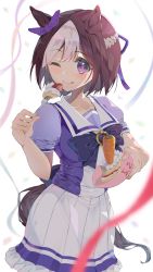 Rule 34 | 1girl, :p, absurdres, animal ears, ao hito, blush, breasts, cake, collarbone, commentary request, dated, food, hair between eyes, hair ornament, highres, horse ears, horse tail, looking at viewer, medium breasts, one eye closed, plate, purple eyes, school uniform, simple background, solo, special week (umamusume), tail, tongue, tongue out, umamusume, white background