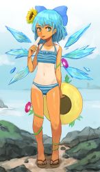 Rule 34 | 1girl, absurdres, bikini, blue bikini, blue bow, blue eyes, blue hair, bow, cirno, day, food, full body, hair bow, halterneck, hat, highres, ice, ice wings, one-piece tan, outdoors, permanentlow, popsicle, sandals, solo, standing, striped bikini, striped clothes, swimsuit, tan, tanline, tanned cirno, touhou, unworn hat, unworn headwear, wings