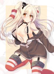 Rule 34 | 1girl, amatsukaze (kancolle), ashino, black choker, black hairband, blush, breasts, breasts apart, brown dress, choker, closed mouth, collarbone, commentary request, dress, drop shadow, eyes visible through hair, furrowed brow, garter straps, gloves, hair between eyes, hair intakes, hair tubes, hairband, kantai collection, long hair, long sleeves, looking at viewer, no bra, open clothes, open dress, pulling own clothes, red thighhighs, sailor dress, short dress, small breasts, solo, strap pull, thighhighs, two side up, v-shaped eyebrows, white gloves, zoom layer
