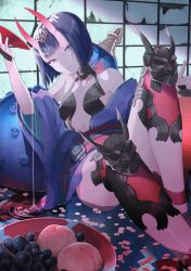 Rule 34 | 1girl, absurdres, alcohol, backlighting, bad id, bad pixiv id, bare shoulders, bob cut, breasts, closed mouth, collarbone, cup, eyeliner, fate/grand order, fate (series), food, fruit, fruit bowl, gourd, grapes, headpiece, highres, horns, japanese clothes, kimono, knee up, lantern, legs, long sleeves, looking at viewer, makeup, obi, off shoulder, oni, peach, petals, petals on liquid, pouring, purple eyes, purple hair, purple kimono, revealing clothes, sakazuki, sake, sash, short eyebrows, short hair, shuten douji (fate), sitting, skin-covered horns, small breasts, smile, solo, thighs, wakahiko, wide sleeves