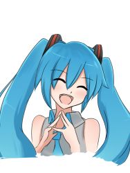 Rule 34 | 1girl, ^ ^, bad id, bad pixiv id, blue hair, blush, closed eyes, hatsune miku, kazenoko, long hair, open mouth, simple background, smile, solo, vocaloid, white background