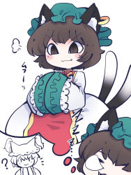 Rule 34 | 2girls, :3, ?, animal ears, brown eyes, brown hair, cat ears, chahan (fried rice0614), chen, closed mouth, cosplay, dress, earrings, fang, green headwear, hands in opposite sleeves, hat, highres, jewelry, long sleeves, mob cap, multiple girls, one-hour drawing challenge, short hair, simple background, single earring, sleeping, smile, solo focus, tabard, thought bubble, touhou, v-shaped eyebrows, white background, white dress, yakumo ran, yakumo ran (cosplay), zzz