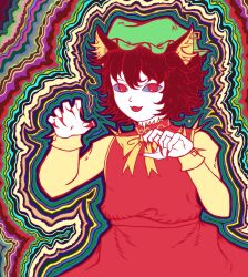 Rule 34 | animal ears, bow, brown hair, cat ears, cat girl, chen, dress, fingernails, green headwear, hat, long sleeves, looking at viewer, louis wain (style), multicolored background, nail, nerosik, open mouth, psychedelic, red dress, red eyes, short hair, touhou, yellow bow