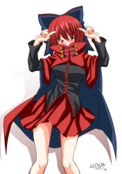 Rule 34 | 1girl, bare legs, black shirt, blouse, blush, bow, breasts, cape, hair bow, large breasts, long sleeves, miniskirt, pleated skirt, red cape, red eyes, red hair, red skirt, sekibanki, shirt, skirt, tatsuya (guild plus), touhou
