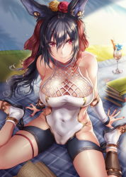 Rule 34 | 1girl, animal ears, arm support, black hair, blanket, blush, book, breasts, cleavage, collarbone, covered navel, cup, drinking glass, drinking straw, erune, flower, granblue fantasy, hair between eyes, hair flower, hair ornament, hair ribbon, has bad revision, has downscaled revision, highres, hikari (komitiookami), ilsa (granblue fantasy), large breasts, long hair, looking at viewer, md5 mismatch, nail polish, outdoors, red eyes, red nails, resolution mismatch, revision, ribbon, rose, sitting, smile, solo, source smaller, swimsuit, wariza, wind