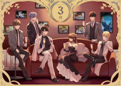 Rule 34 | 1girl, 5boys, alcohol, bai qi (love and producer), bare shoulders, black dress, black footwear, black gloves, black neckwear, black pants, black shirt, black suit, blonde hair, blue hair, border, breasts, brown hair, champagne, champagne flute, christmas, cleavage, copyright name, couch, crossed legs, cup, dated, drawing (object), dress, drinking glass, elbow gloves, formal, gloves, grey suit, hand up, li zeyan, ling xiao, long hair, looking at viewer, love and producer, multiple boys, necktie, pants, protagonist (love and producer), r.ling0821, sample watermark, shirt, shoes, short hair, sitting, stool, suit, watermark, white gloves, white neckwear, white pants, xu mo, zhou quiluo