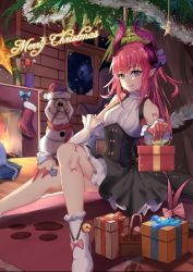 Rule 34 | 10s, 1girl, bell, blue eyes, boots, candy, candy cane, christmas, christmas stocking, christmas tree, claws, detached sleeves, dragon tail, dress, elizabeth bathory (fate), elizabeth bathory (fate/extra ccc), elizabeth bathory (first ascension) (fate), elizabeth bathory (second ascension) (fate), fang, fang out, fate/extra, fate/extra ccc, fate (series), fireplace, food, garland (decoration), gift, hand on own knee, highres, holding, holding gift, horns, indoors, jingle bell, layered skirt, lollipop, long hair, looking at viewer, merry christmas, on floor, pink hair, pink ribbon, pointy ears, ribbon, rug, sitting, skirt, sleeveless, sleeveless dress, snowman, solo, star (symbol), swirl lollipop, tail, underbust, white footwear, yoruciel