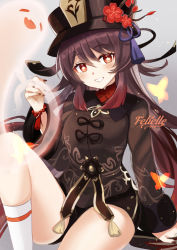 Rule 34 | 1girl, artist name, bead bracelet, beads, blush, bracelet, brown hair, bug, butterfly, closed eyes, fang, felielle, genshin impact, ghost, ghost tail, half-closed eyes, hat, hu tao (genshin impact), bug, jewelry, long hair, long sleeves, looking at viewer, multicolored hair, nail polish, open mouth, red eyes, short shorts, shorts, sitting, smile, socks, solo, star-shaped pupils, star (symbol), symbol-shaped pupils, teeth, thighs, twintails, two-tone hair, very long hair, watermark