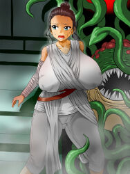 Rule 34 | 1girl, ahemaru, alien, arm wrap, black hair, blue eyes, breasts, covered erect nipples, curvy, hair bun, henriiku (ahemaru), huge breasts, large areolae, long hair, looking to the side, monster, open mouth, pants, puffy areolae, rey (star wars), sharp teeth, standing, star wars, sweat, teeth, tentacles, thick thighs, thighs, tight clothes, tight pants