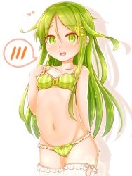 Rule 34 | 1girl, absurdres, blush, bra, breasts, collarbone, crescent, crescent hair ornament, frills, green bra, green eyes, green hair, green panties, hair ornament, heart, highres, kantai collection, long hair, nagatsuki (kancolle), navel, open mouth, panties, simple background, small breasts, solo, spoken blush, striped bra, striped clothes, striped panties, suzushiro (gripen39), thighhighs, underwear, vertical-striped bra, vertical-striped clothes, vertical-striped panties, white background, white thighhighs