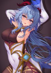 Rule 34 | 1girl, absurdres, ahoge, armpits, arms up, bare shoulders, bell, black gloves, blue hair, blush, bodysuit, breasts, covered navel, detached sleeves, ganyu (genshin impact), genshin impact, gloves, goat horns, gold trim, highres, horns, large breasts, long hair, looking at viewer, low ponytail, mito soosu, neck bell, pantyhose, purple eyes, sideboob, sidelocks, solo