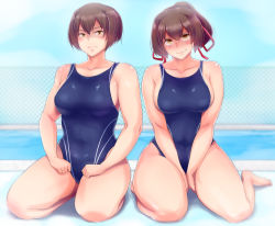 Rule 34 | 10s, 2girls, bifidus, blush, breasts, brown eyes, brown hair, competition swimsuit, curvy, full body, hyuuga (kancolle), ise (kancolle), kantai collection, kneeling, large breasts, looking at viewer, multiple girls, muscular, one-piece swimsuit, pool, short hair, swimsuit, thick thighs, thighs, toned, wide hips