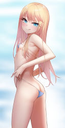 Rule 34 | 1girl, ass, back, bare arms, bare legs, bare shoulders, bikini, blonde hair, blue eyes, blush, breasts, butt crack, eyepatch bikini, from behind, highres, kanzaki muyu, licking lips, long hair, looking at viewer, looking back, micro bikini, original, simple background, skindentation, smile, solo, string bikini, swimsuit, tongue, tongue out