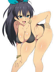 Rule 34 | &gt;:d, 1girl, :d, antenna hair, bare arms, bare legs, bare shoulders, bent over, bikini, black bikini, black hair, blue eyes, blush, body blush, bracelet, breasts, cleavage, collarbone, earrings, fang, ganaha hibiki, hand on own hip, hand on knee, hand on own knee, hanging breasts, highres, hoop earrings, idolmaster, idolmaster (classic), jewelry, kagemusha, large breasts, leaning forward, long hair, looking at viewer, open mouth, ponytail, simple background, smile, solo, standing, swimsuit, tan, tooth, v-shaped eyebrows, very long hair, white background