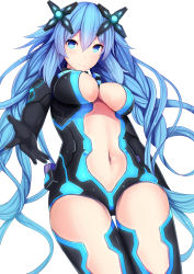 Rule 34 | 1girl, blue eyes, blue hair, bodysuit, breasts, closed mouth, clothing cutout, commentary request, cowboy shot, daiaru, gloves, hair between eyes, hair ornament, highres, large breasts, long hair, looking at viewer, navel, navel cutout, neptune (neptunia), neptune (series), next purple, power symbol, power symbol-shaped pupils, purple heart (neptunia), simple background, skin tight, smile, solo, symbol-shaped pupils, white background