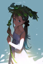 Rule 34 | 1girl, aqua eyes, bare shoulders, braid, cowboy shot, dress, flower, frog, from above, green hair, hair flower, hair ornament, highres, holding, holding leaf, leaf, looking to the side, original, redrawn, signature, sleeveless, sleeveless dress, smile, solo, vofan, white dress