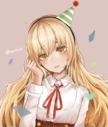 Rule 34 | 1girl, blonde hair, blush, brown background, brown eyes, confetti, envysoi, hat, highres, long hair, long sleeves, looking at viewer, original, parted lips, party hat, simple background, smile, solo, twitter username, upper body, very long hair